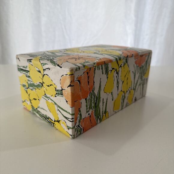 Vintage 1960s Jewelry Box 4-Drawer Orange Yellow Floral MCM Tulip Design 8x5 in - Picture 4 of 12